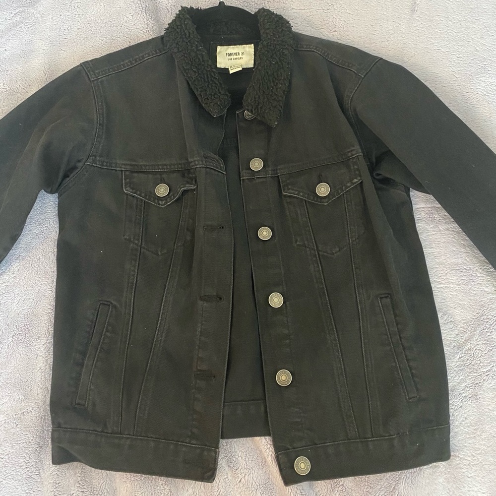 Black denim jacket with shearling collar